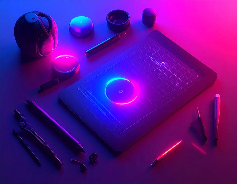Graphic design tools of a tablet, pens, and stylus in gradient color of dark blue to bright pink.