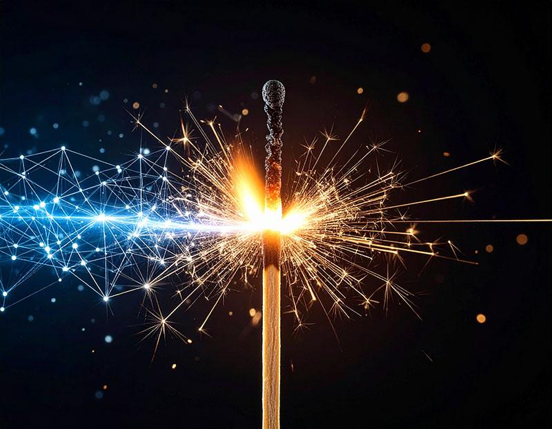 A match stick lit and emitting sparks.